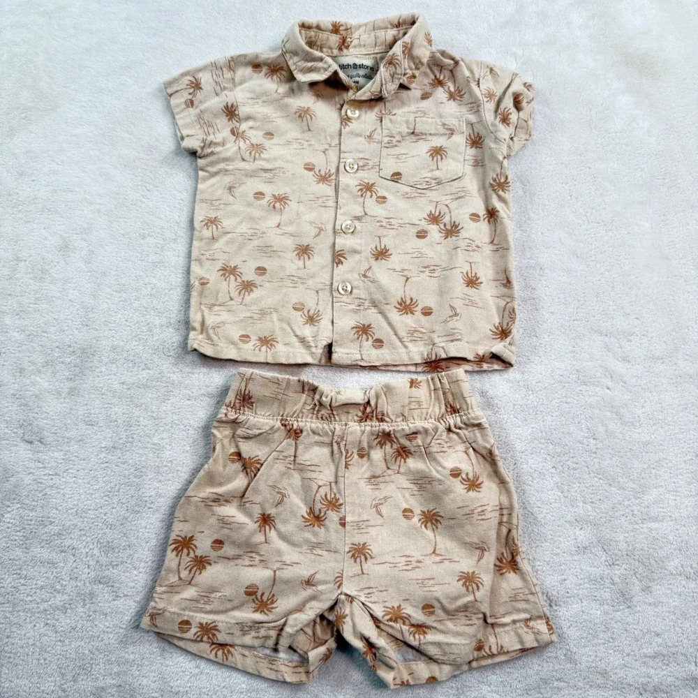 Stitch‎ & Stone Baby Boy 18M Tropical Palm Tree Shirt and Shorts Set Tan Brown